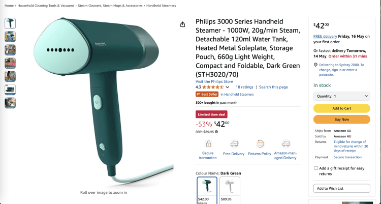 Amazon: Philips 3000 Series Handheld Steamer – 53% Off – $42